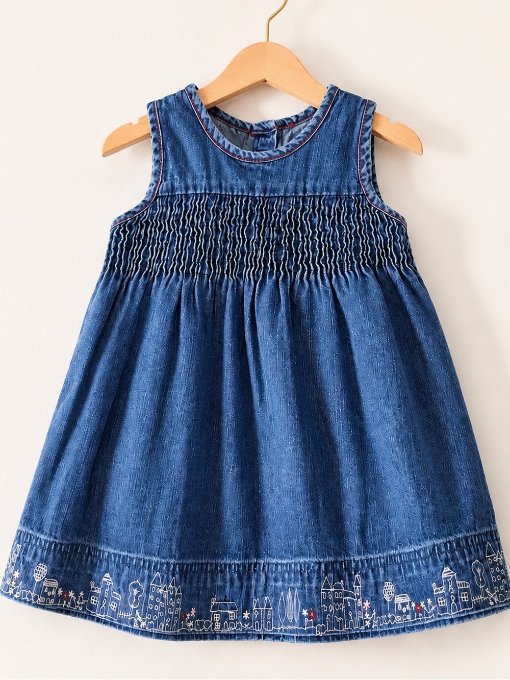 Vintage OshKosh Denim Dress 18M Smocked Embroidered City Skyline Hem 90s